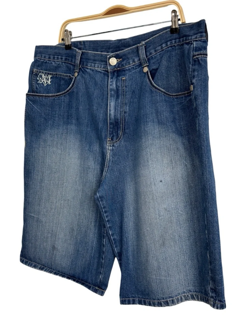 Makaveli Tupac Denim Shorts Size 40 Y2K Embroidered Logo Baggy Blue Jean Shorts